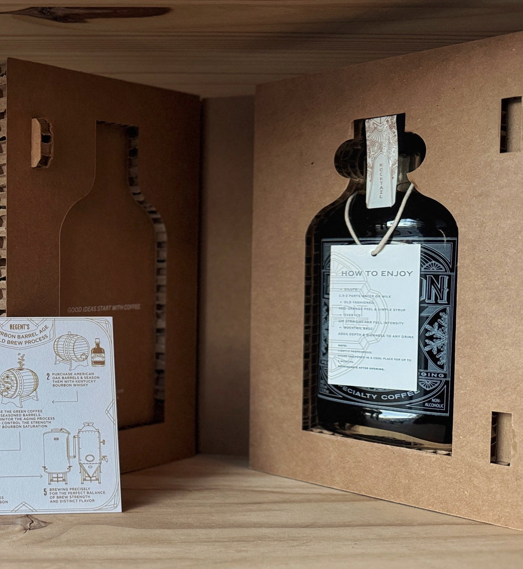 Bottle with label inside a cardboard packaging