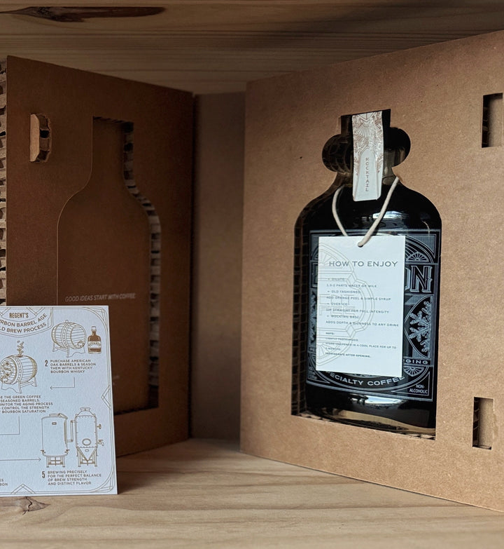 Bottle with label inside a cardboard packaging