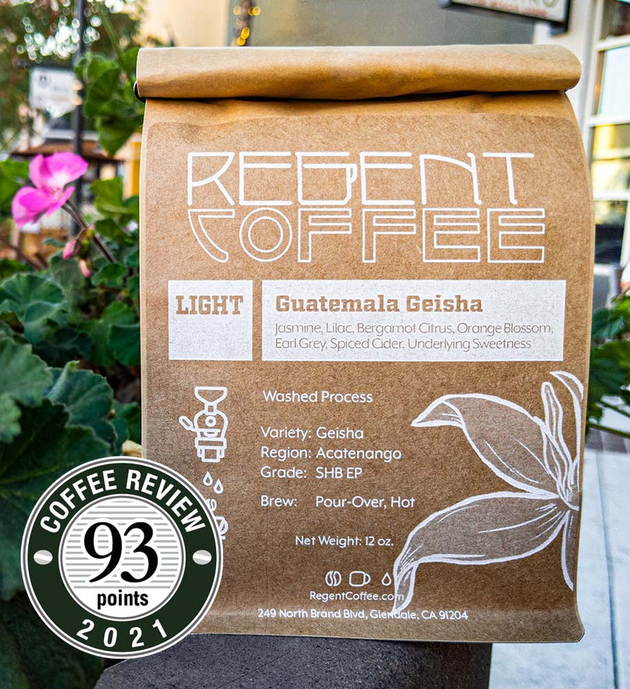 Guatemala Acatenango Geisha award winning coffee in 12oz bag by Regent Coffee Roasters Los Angeles, California