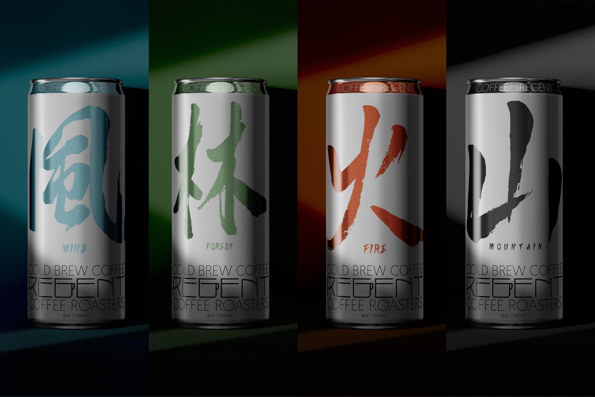 Four Regent Coffee cold brew cans from the Fūrinkazan Collection labeled Forest, Wind, Fire, and Mountain with bold Japanese calligraphy.