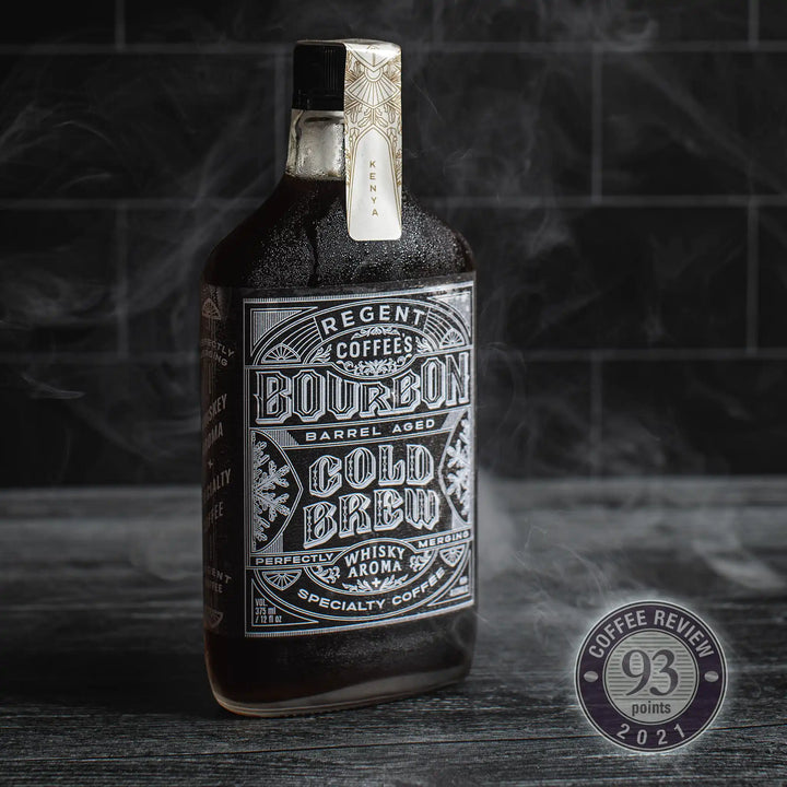 Award winning barrel aged cold brew coffee in a stylish 375ml glass flask bottle with Regent Coffee label