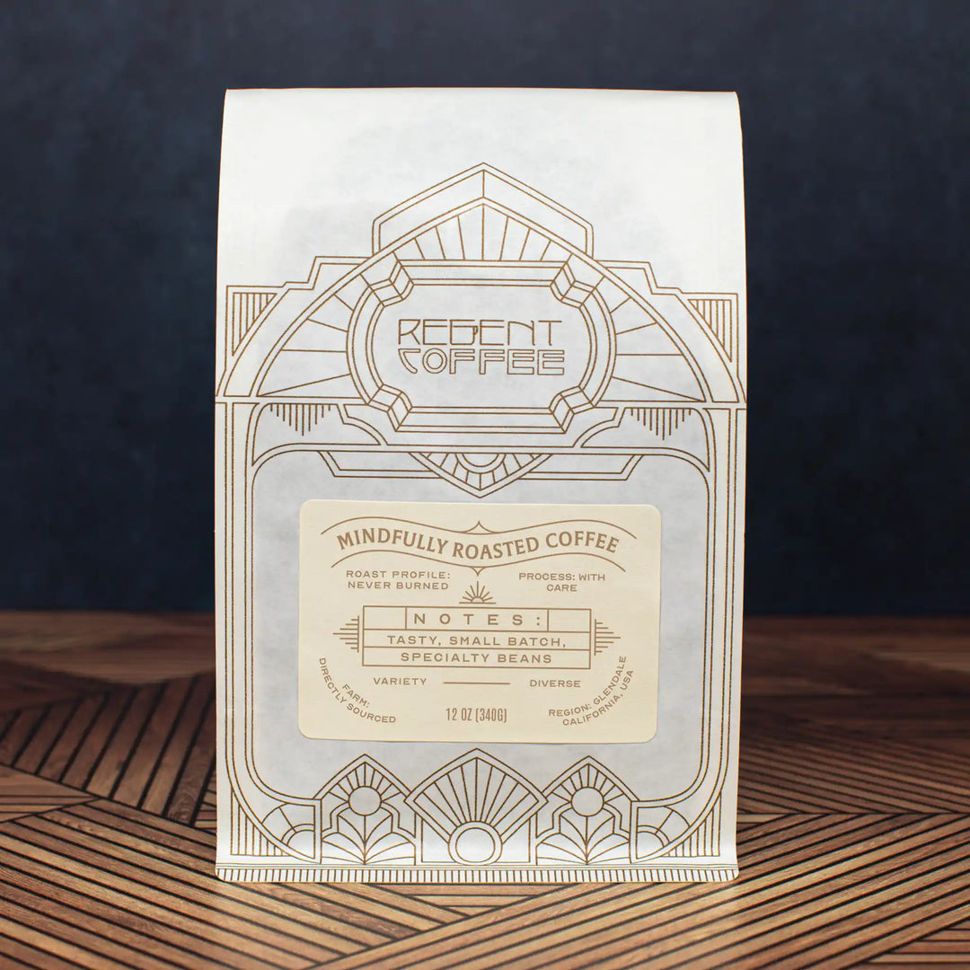 Stylish bag of Regent Coffee's Bourbon Barrel Aged Coffee, sourced from the rich coffee-growing region of Chiapas, Mexico.