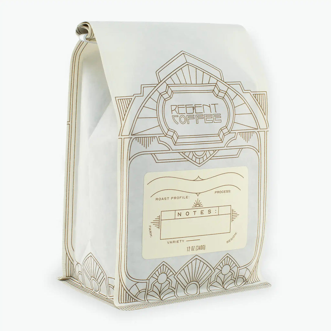 12oz bag of Regent's Ethiopia Yirgacheffe coffee beans in a stylishly designed compostable bag.