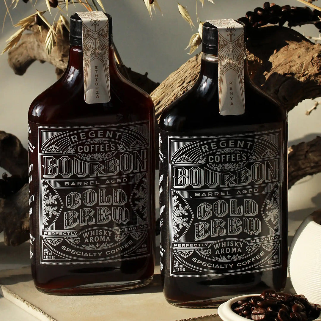 Regent Coffee's cold brew coffees using beans from Chiapas Mexico, two glass bottles using neo art deco designs