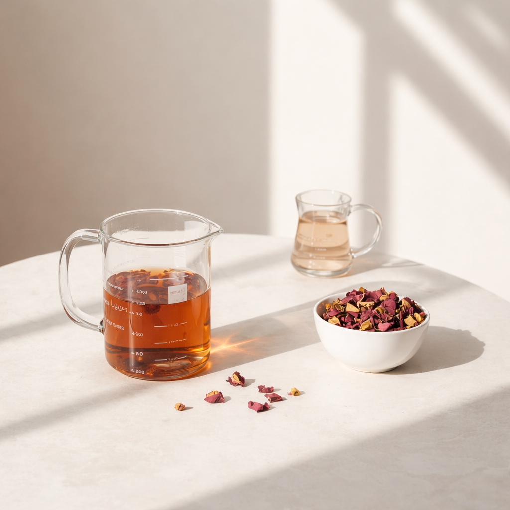 Tea-making setup with a glass pitcher of brewed tea, a small bowl of tea leaves, and a clear glass of water on a light surface.