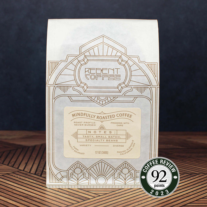 Award winning Barrel Aged Guji natural coffee beans in 12oz compostable bag from Regent Coffee.